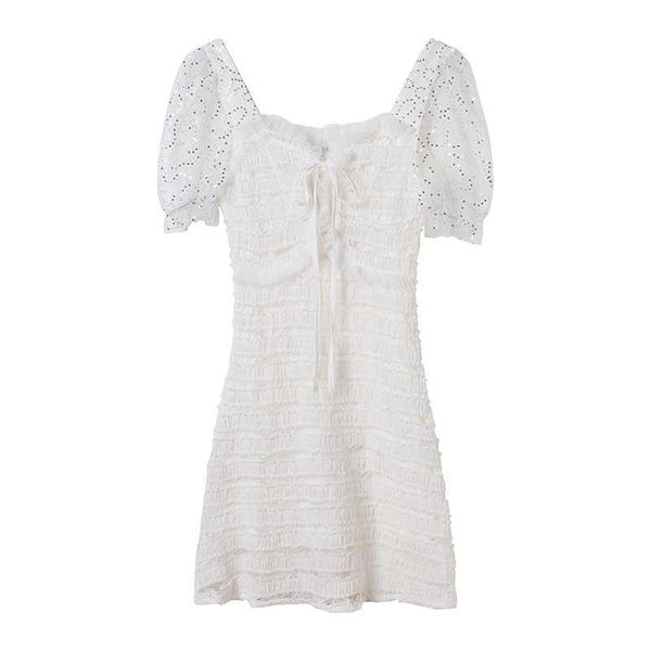 

perhaps u white puff sleeve short sleeve square collar sequined lace mesh mini dress lace-up bow summer elegant d1727 210529, Black;gray