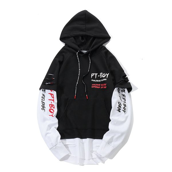 

men's hoodies & sweatshirts hip hop fashion extended ripped printed fake two pieces pullover sportwear for male cr37, Black