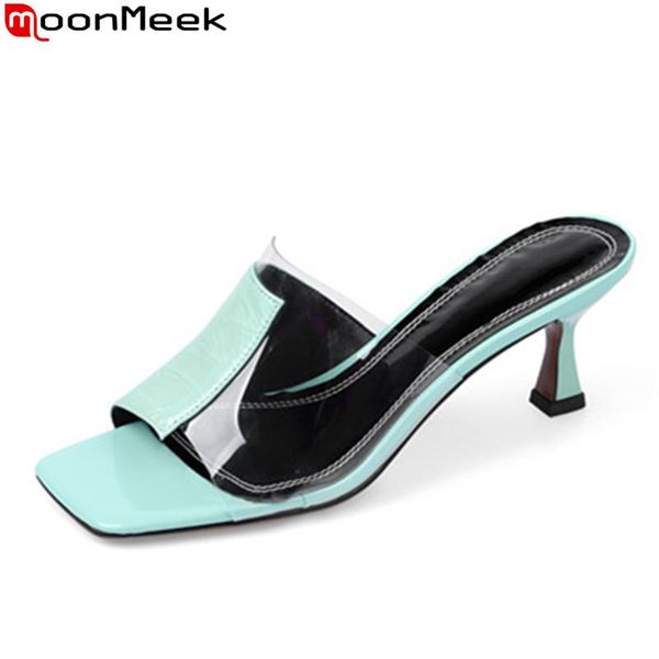 

slippers moonmeek 2021 big size 33-42 fashion women mules shoes genuine leather high heels square toe summer woman, Black