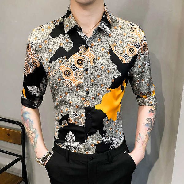 

retro print men's shirt slim fit streetwear shirts summer short sleeve casual slim fit shirt social party nightclub 210527, White;black