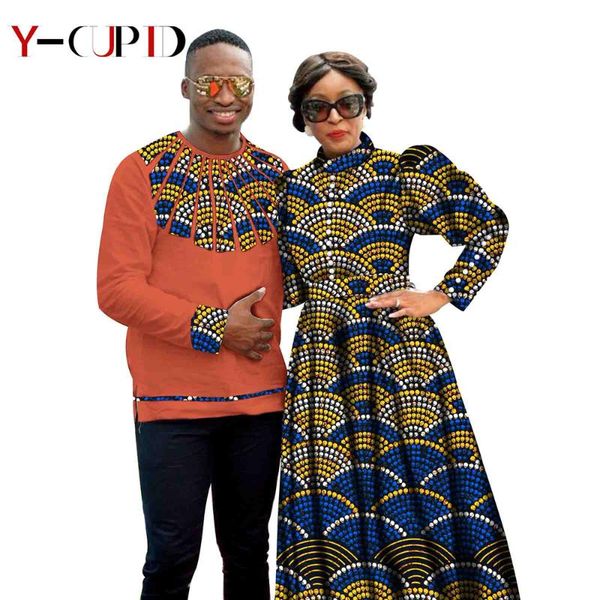 

african clothes for couples vintage women puff sleeve long dresses matching outfits bazin men patchwork tee shirts ys20c003 ethnic clothing, Red