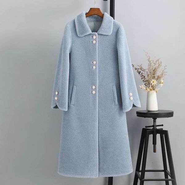 

women's leather & faux women winter fashion mid-long sheep shearing coats female real lamb fur outwears ladies solid color slim jackets, Black