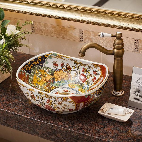 

ceramic counter basin antique art square european washbasin bathroom wash small household sink faucets