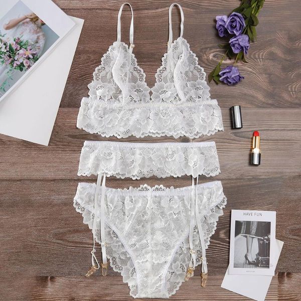 

bras sets women's lace hollow openwork perspective three-piece set ropa interior femenina conjunto#3, Red;black