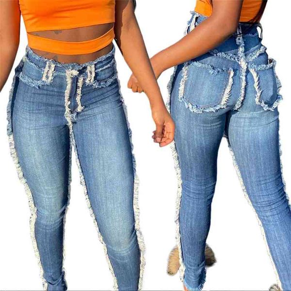 

women's jeans s3873 high waist sanding slim pencil pants style ncli, Blue