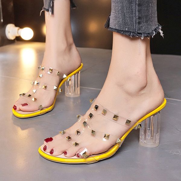 

luxury dress shoes net red rivet women's summer 2021 open toe slim band thick heel flip flops fashion high-heeled sandals, Black