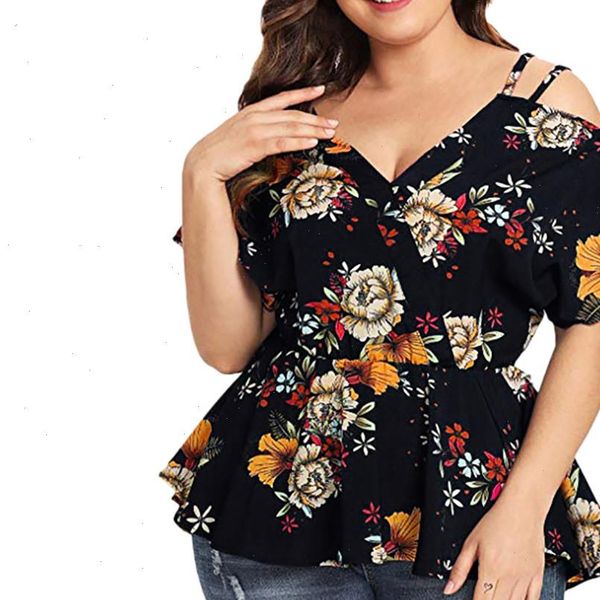 

womens blouses plus size shirt short sleeve floral printed blouse for ladies v neck sling peplum elegant waist blusas, White