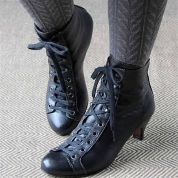 

boots ankle women lace up pu western winter black white zapatos de mujer booties botas invierno