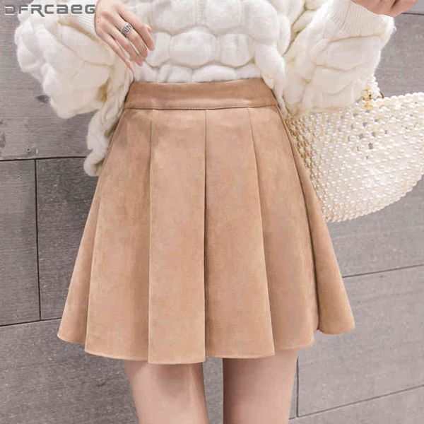 

casual dresses kawaii mini pleated skirts women autumn winter velvet suede high waist a-line skater school brown pink black saias, Black;gray