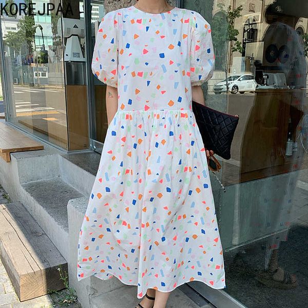 Korejpaa Frauen Kleid Sommer Koreanische Chic Alter-Reduzierung Kindliche Geometrische Muster Gedruckt Puff Sleeve Große Schaukel Vestidos 210526