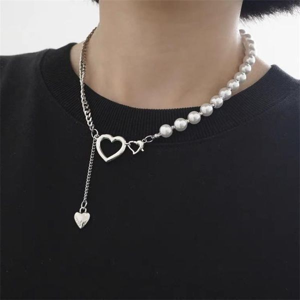 

pendant necklaces exquisite heart-shaped tassel necklace men's and women's hip-hop style stitching jewelry accessories gift, Silver