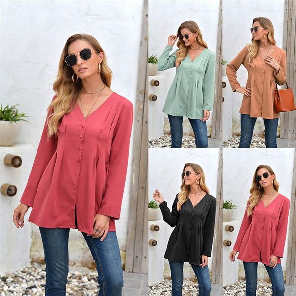 

women's blouses & shirts fashion 2021 women autumn casual single breasted v-neck loose for ladies, White