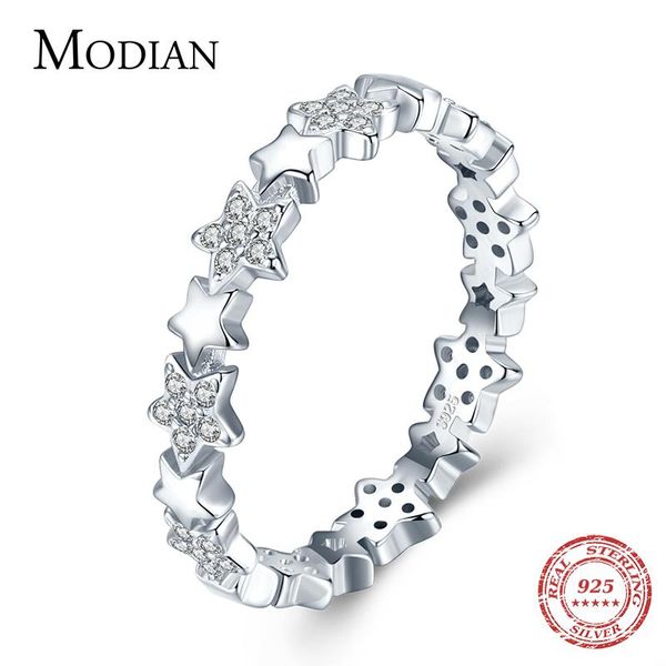 

modian solid 925 sterling silver sparkling clear cz stars stackable finger rings for women fine jewelry valentine's day gift cluster, Golden;silver