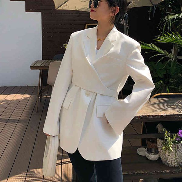 

women's suits & blazers [eam] black irregular bandage women blazer lapel long sleeve loose fit jacket fashion spring autumn 2022 1dd646, White;black