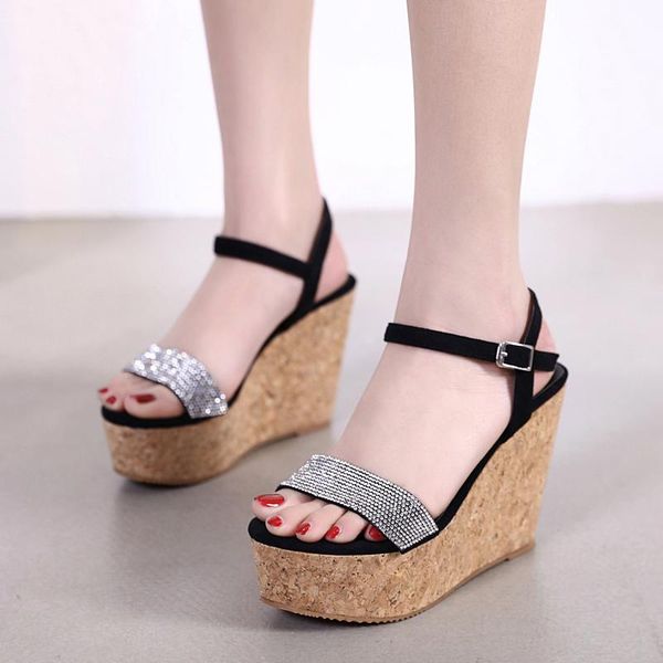 

sandals female wedge with waterproof platform open toe muffin women's shoes, Black