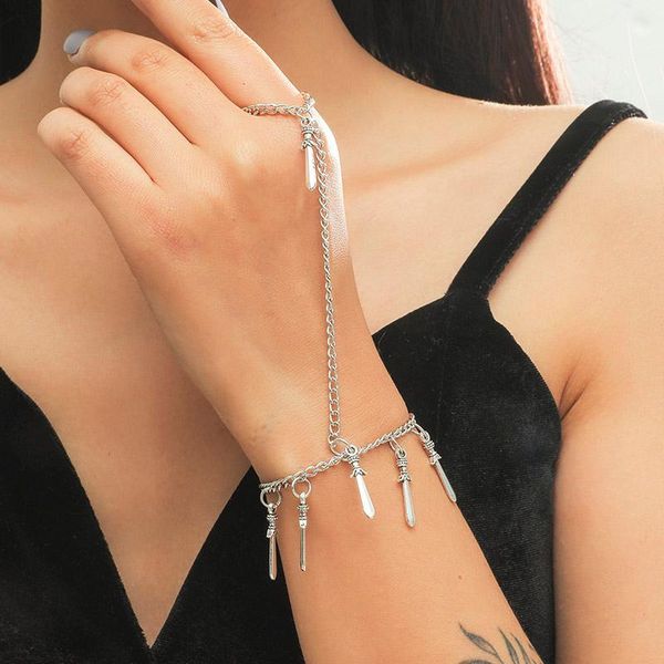 

link, chain punk style female fashion silver color metal finger bracelets for women small sword pendants bracelet party jewelry, Black