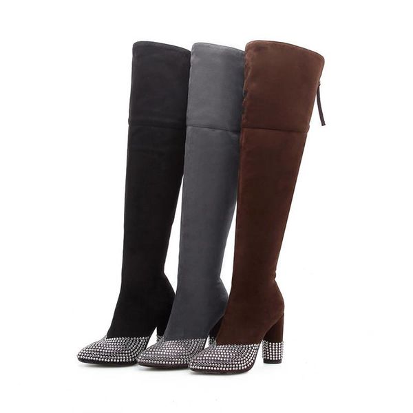 

boots qplyxco thigh high over the knee women flock crystal long pointed toe warm winter heels shoes woman, Black
