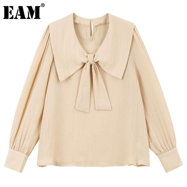 

[eam] women casual apricot bandage bow t-shirt peter pan collar long sleeve fashion spring autumn 1dd5890 210512, White