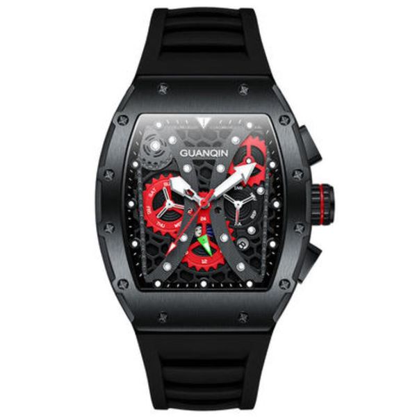 

wristwatches guanqin skeleton watch men mechanical waterproof sapphire rectangle case rubber strap cover luminous, Slivery;brown
