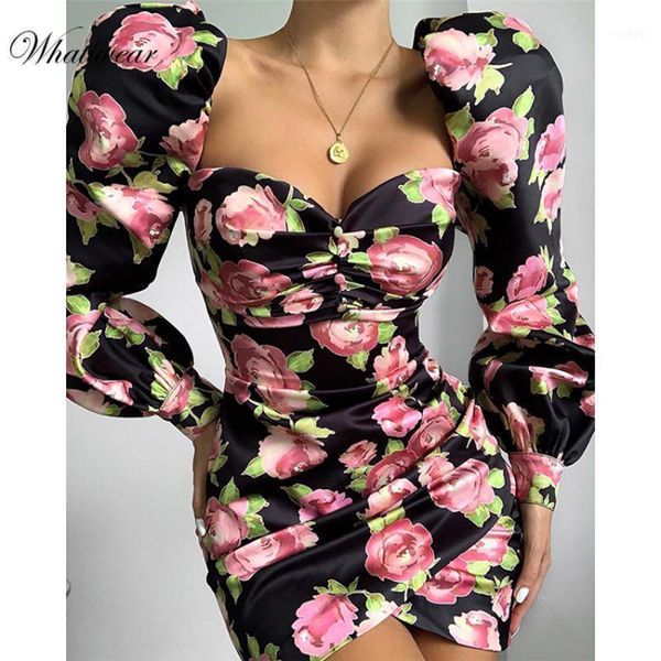 

whatiwear 2021 summer mini dress print flower party streetwear women button puff sleeve vestidos de festa1, Black;gray