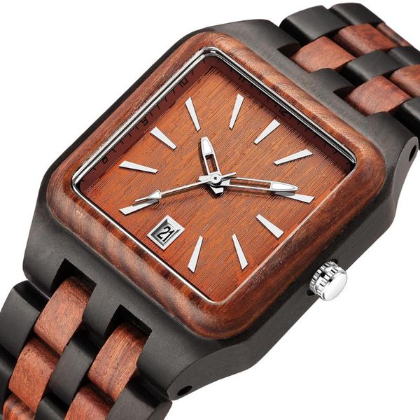 

wristwatches red sandalwood wood watch mens unique rectangle dial light clock man full natural woody bracelet calendar date quartz wristwatc, Slivery;brown