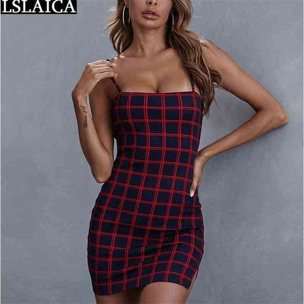 Hosenträger Sexy Kleid Plaid Print Backless Mini Mode Party Club Sommer Abend Schlanke Frauen 210515