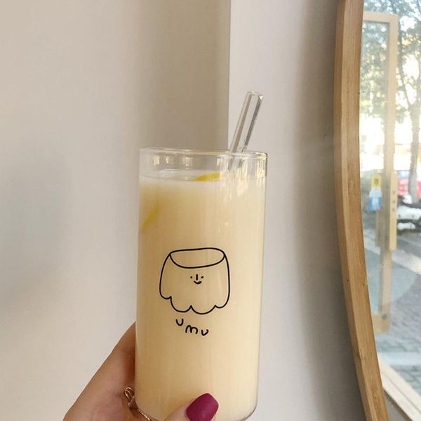 

wine glasses ins korean style cartoon glass cup with straw transparent coffee milk tea mug kawaii water cups children drink bottle