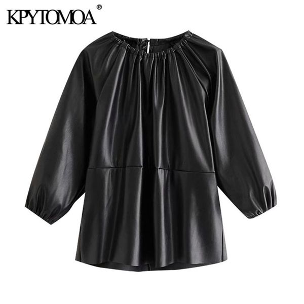 

women fashion faux leather patchwork loose blouses vintage o neck three quarter sleeve female shirts chic 210420, White