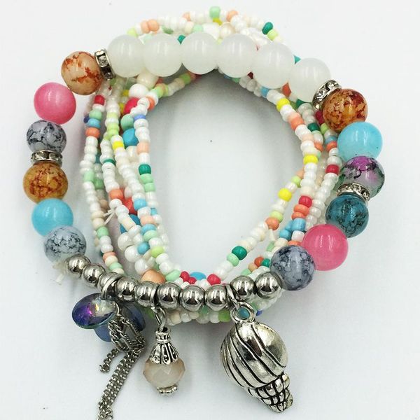 

charm bracelets 8pcs/set 2021 lady woman elastic stretch trendy multilayer crystal bead conch shell bracelet for jewelry, Golden;silver