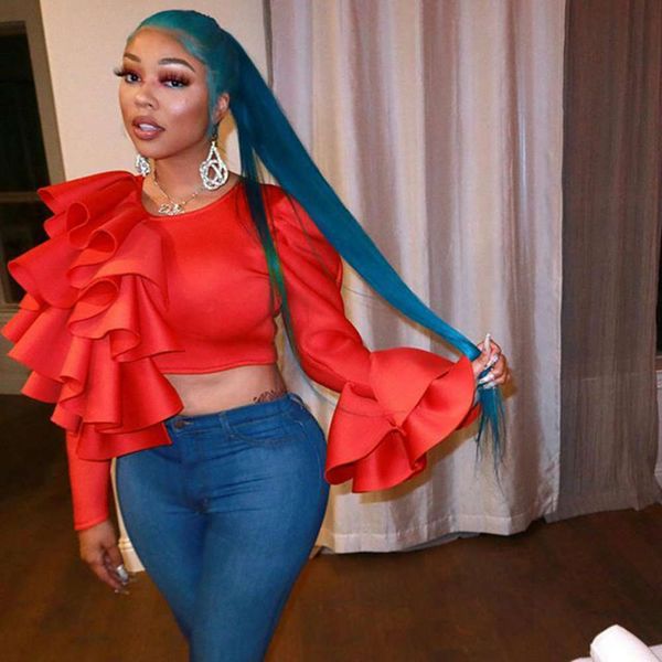 

women's leaky navel slim fit solid color single side ruffle stitched sweater, Black