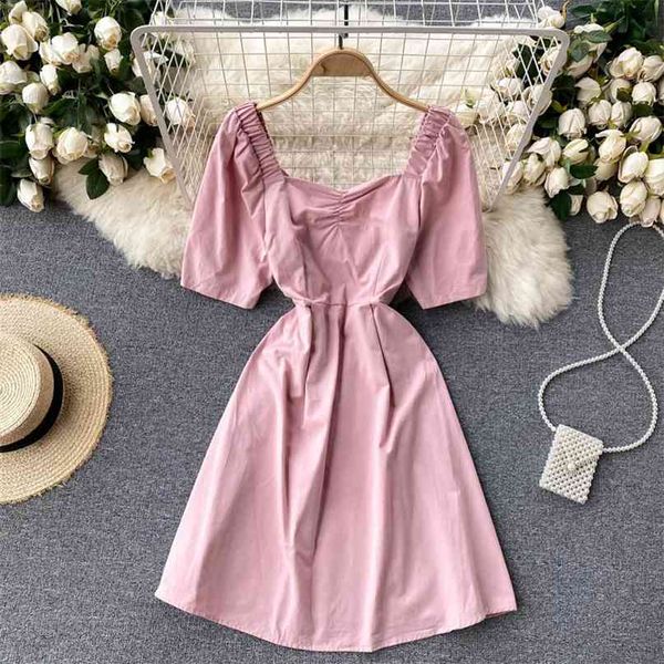 

women summer fashion square neck short sleeve hollow backless slim mini a-line dress solid color vestidos de mujer s752 210527, Black;gray
