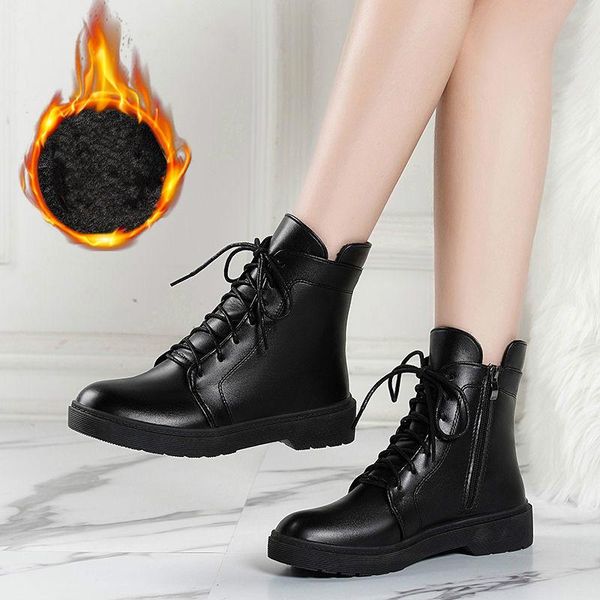 

boots soft leather women england style female snow winter cotton flat, Black