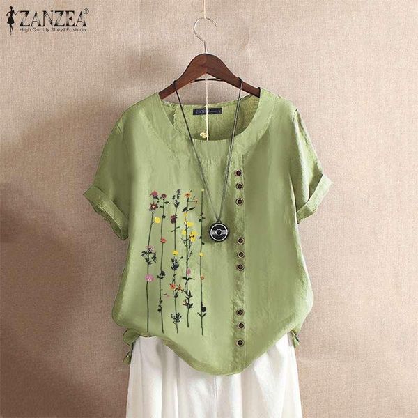 

plus size elegant printed women's summer blouse 2021 zanzea casual short sleeve shirts female o neck button blusas tunic blouses &, White