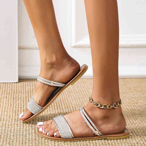 

large slippers 2022 summer new one line sequin flat sandals roman sandals, Black