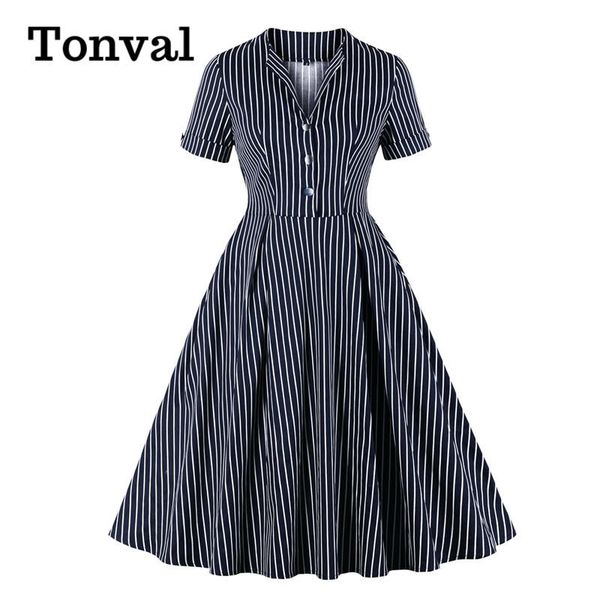 

casual dresses tonval navy blue button front striped vintage robe cotton for women 2021 high waist elegant pocket pleated midi dress, Black;gray