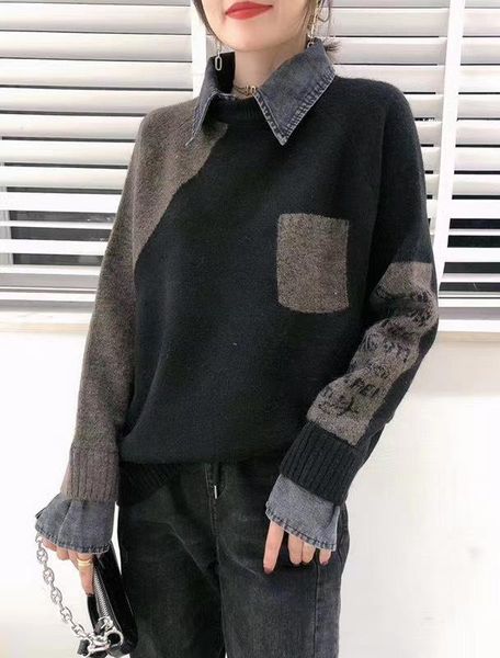 

women's sweaters autumn and winter fashion denim stitching fake two-piece pullover sweater women loose outer wear bottoming shirt top, White;black