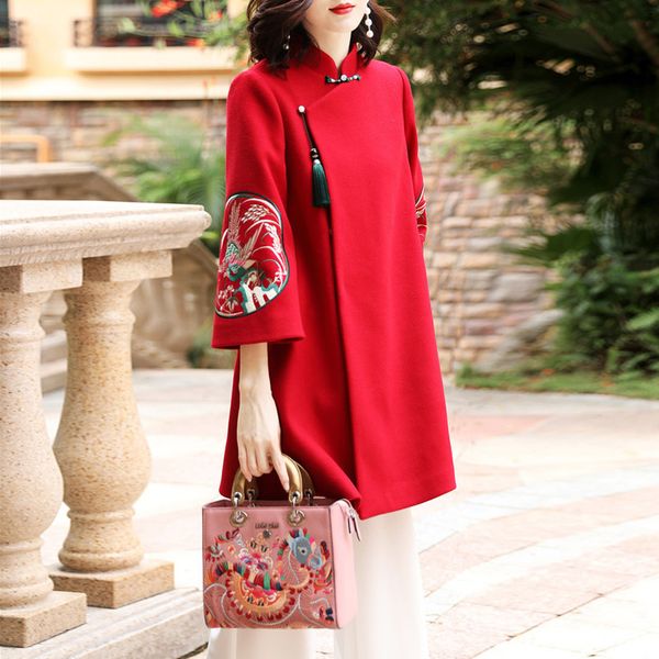 

dress brand chinese style autumn winter jacket women vintage embroidery sleeve tassel wool coat outerwear femme, Black;gray