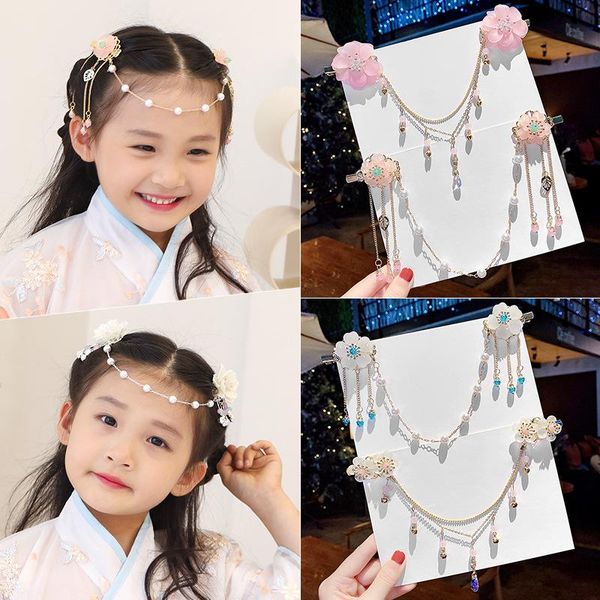 

chinese style children's flower hairpin girl long chain hair clips retro hanfu accessories tassel forehead barrettes headdress, Slivery;white
