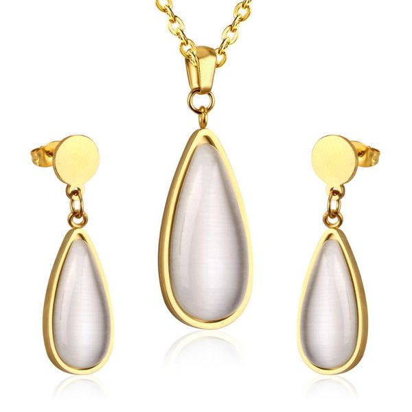 

earrings & necklace 316l stainless steel drop shaped opal pendant earring set fete des mere wedding bridal jewelry, Silver