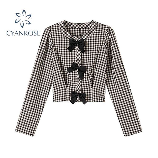 

plaid blouses and shirts for ladies korean o-neck bow design long sleeve sweet women slim casual elegant spring blusas 210417, White
