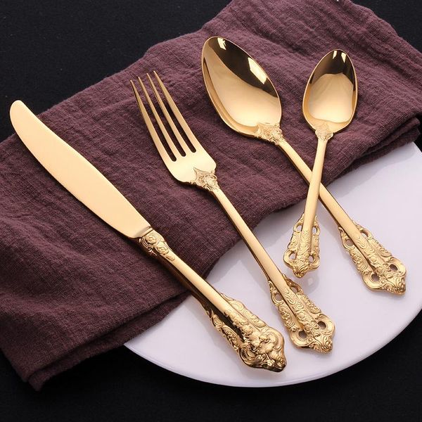 

dinnerware sets 24pcs golden vintage western cutlery mirror stainless steel luxury set engraving tableware knife spoon and fork