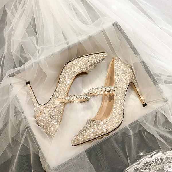 

dress shoes pointed high heels mary janes woman pearl rhinestone women pumps party zapatos de mujer 2021 luxury wedding, Black