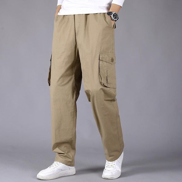 

men's pants casual cargo 2021 autumn pocket loose solid cotton thin waist trousers fashion straight-leg sportswear, Black