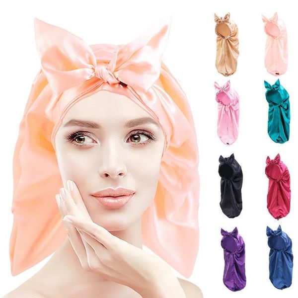 

beanie/skull caps weirdo solid color satin sleep cap for women silk soft elastic bonnet long hair care bow knot shower treatment, Blue;gray