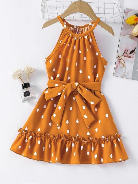 

toddler girls drip print frill trim belted halter dress she, Red;yellow
