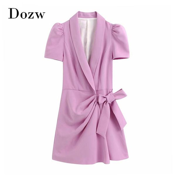 Elegante Sólido Blazer-Style Jumpsuit Mulheres Puff de Manga Curta Borboleta Laço Chic Romper com Cinto V Neck Office Wear Jumpsuit Verão 210414