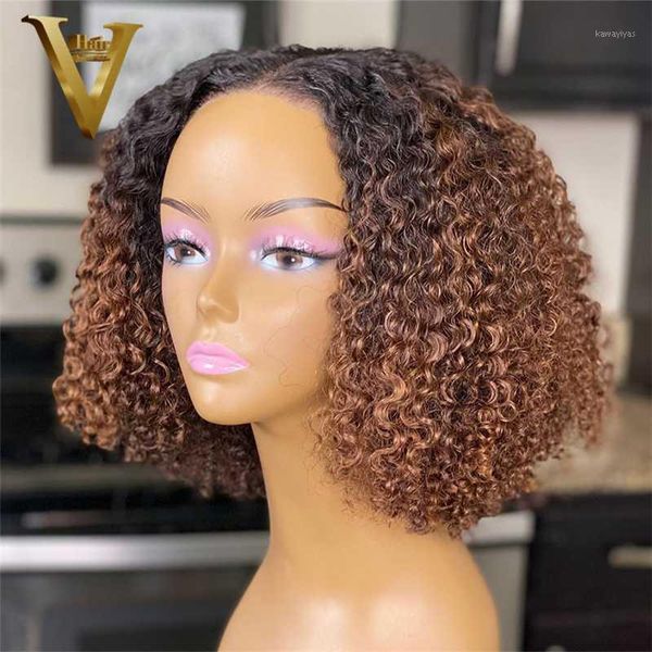 

ombre colored honey blonde kinky curly bob wig brazilian remy 13x6 lace front human hair wigs for women short 180 density1, Black;brown