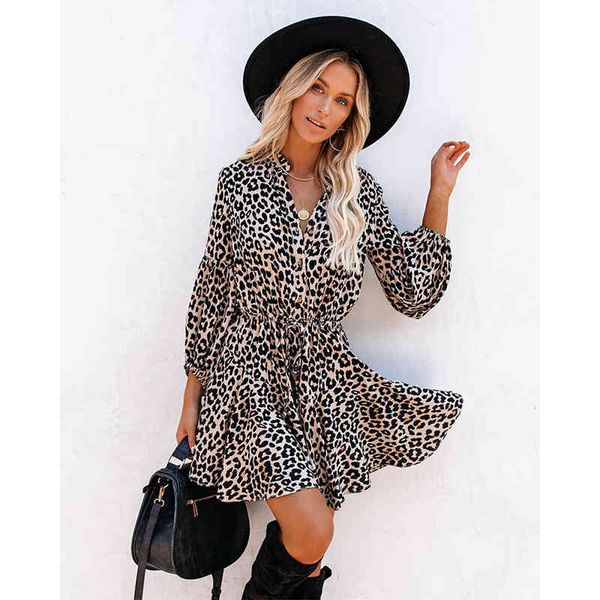 

women leopard print ruffles lantern sleeve dress autumn casual lace up waist female party mini a-line dresses vestidos 210416, Black;gray