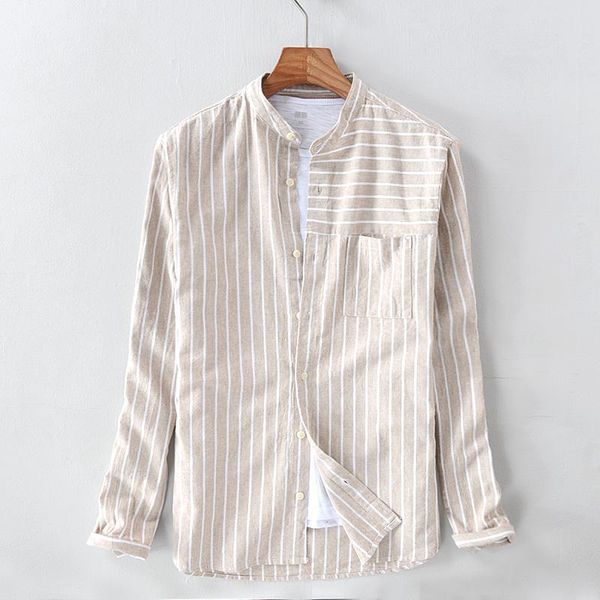 

linen and cotton brand stripe shirt men long sleeve casual apricot color mens stand collar fashion shirts for camiseta men's, White;black