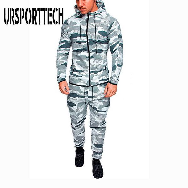 

camo mens tracksuits jogging suit camouflage hoodies set man zipper hoodies + sweatpants male work out jogger set gym clothing 210528, Gray